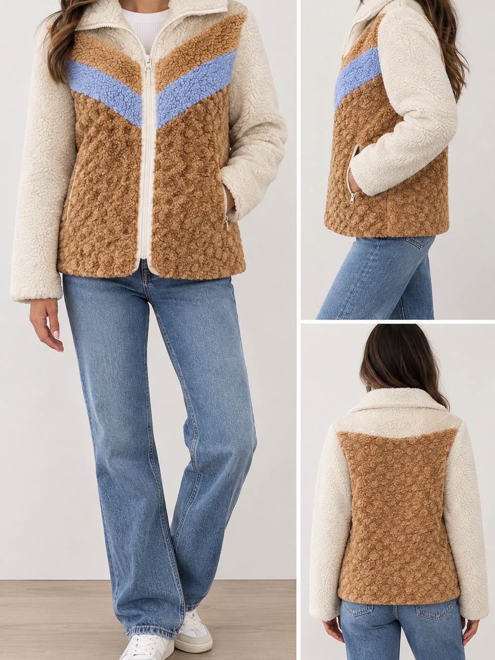Coach Cream, Tan & Blue Sherpa Zip Jacket